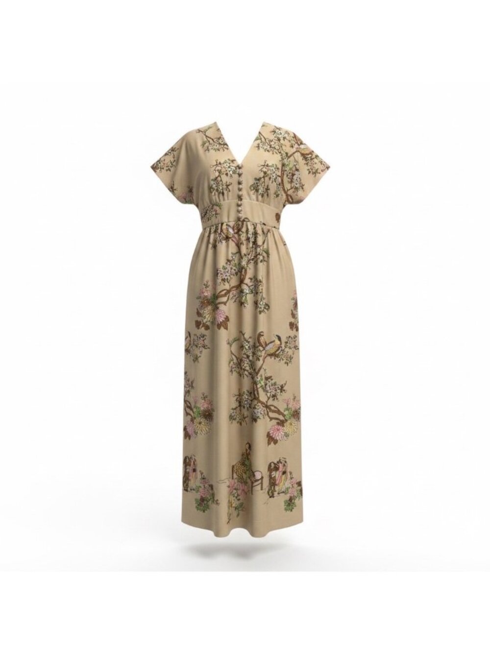 Leslie Fay Beige Multicolor Maxi Dress Floral & Bird Print Kimono Style